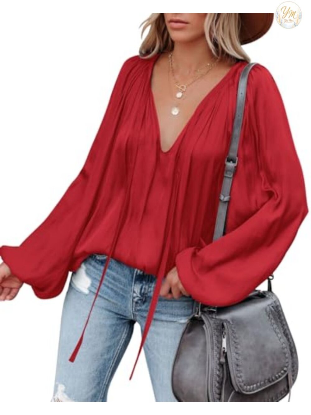 Womens Sexy Deep V Neck Satin Blouse Bell Long Sleeve Flowy Top